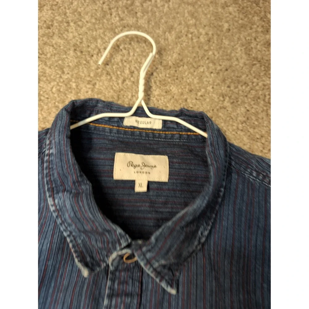 Pepe Jeans London Otto Mens XL Blue Striped‎ Cotton Button Down Shirt PM306280